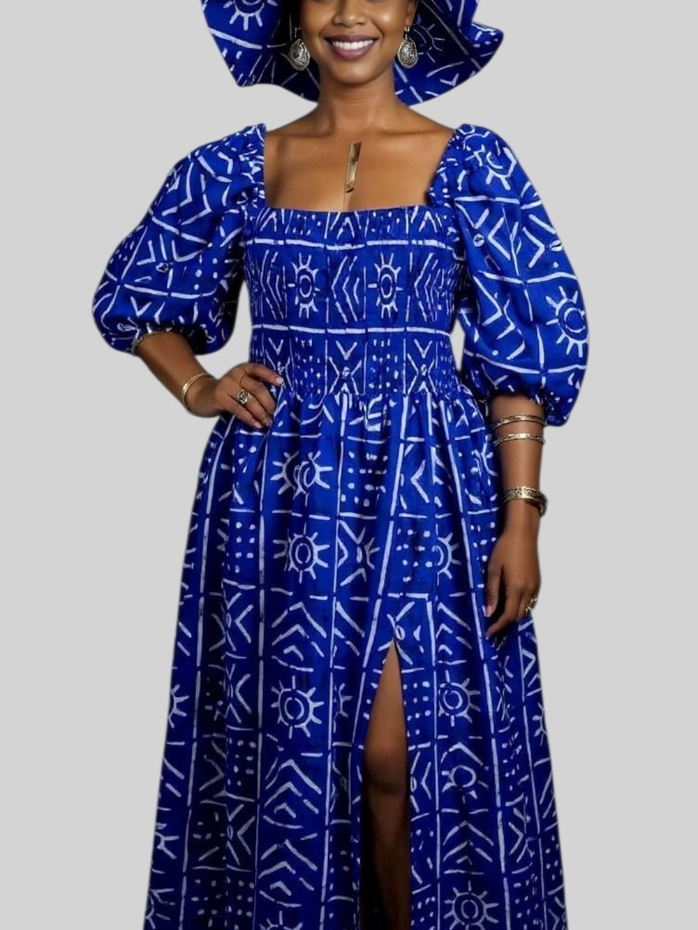 Blue African Print Puff Sleeve Maxi Dress with Square Neck
